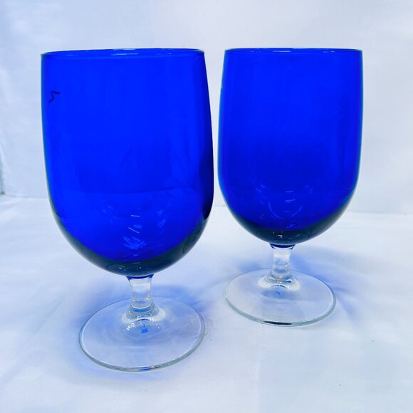 2 Cobalt Blue Glass Water Pedestal Goblets Glasses - Picture 1 of 6